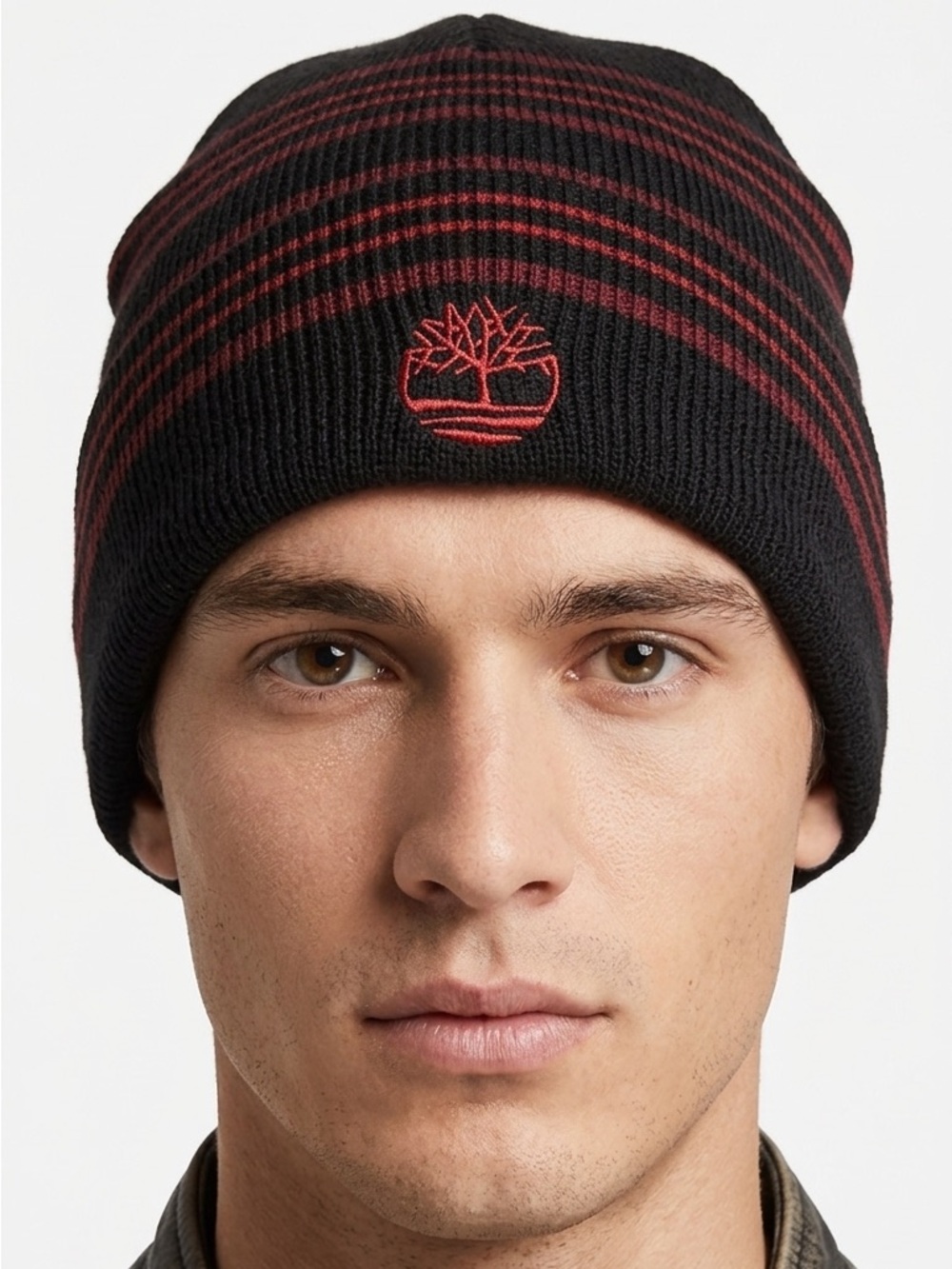 Timberland PRO Striped Knit Beanie Hat Black Red Reversible NWT One Size